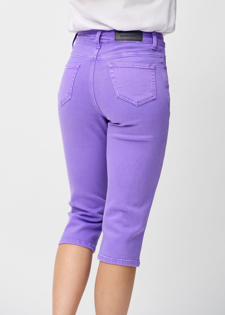 Purple regular capris seen from the back close up to show details.