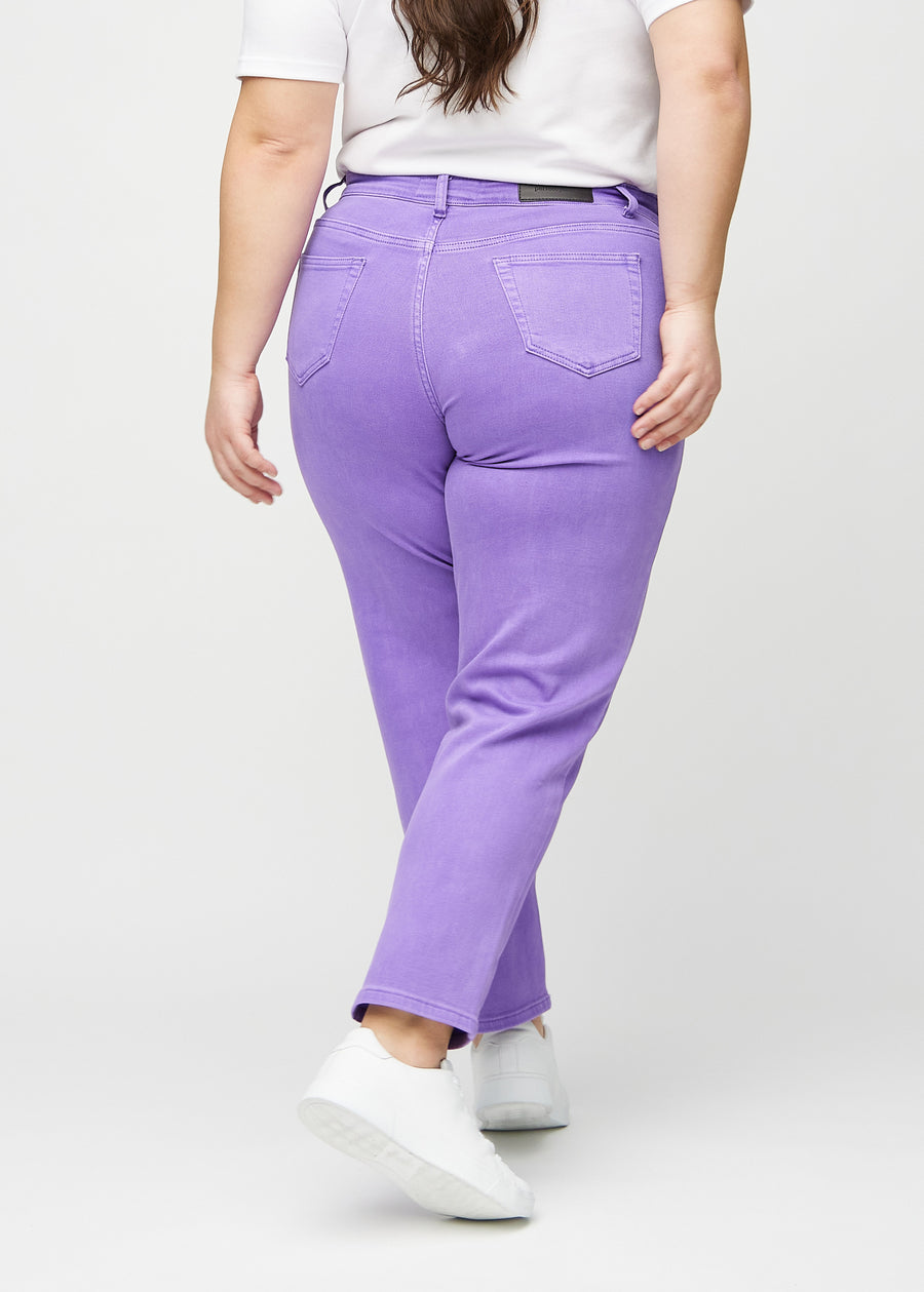 Regular jeans for women in purple, color Lavenders. Back view on a plus-size model, showing the full fit.
