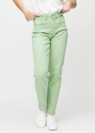 Regular jeans for women in light green, color Mints. Front view on a model, showing the classic straight-leg fit.
