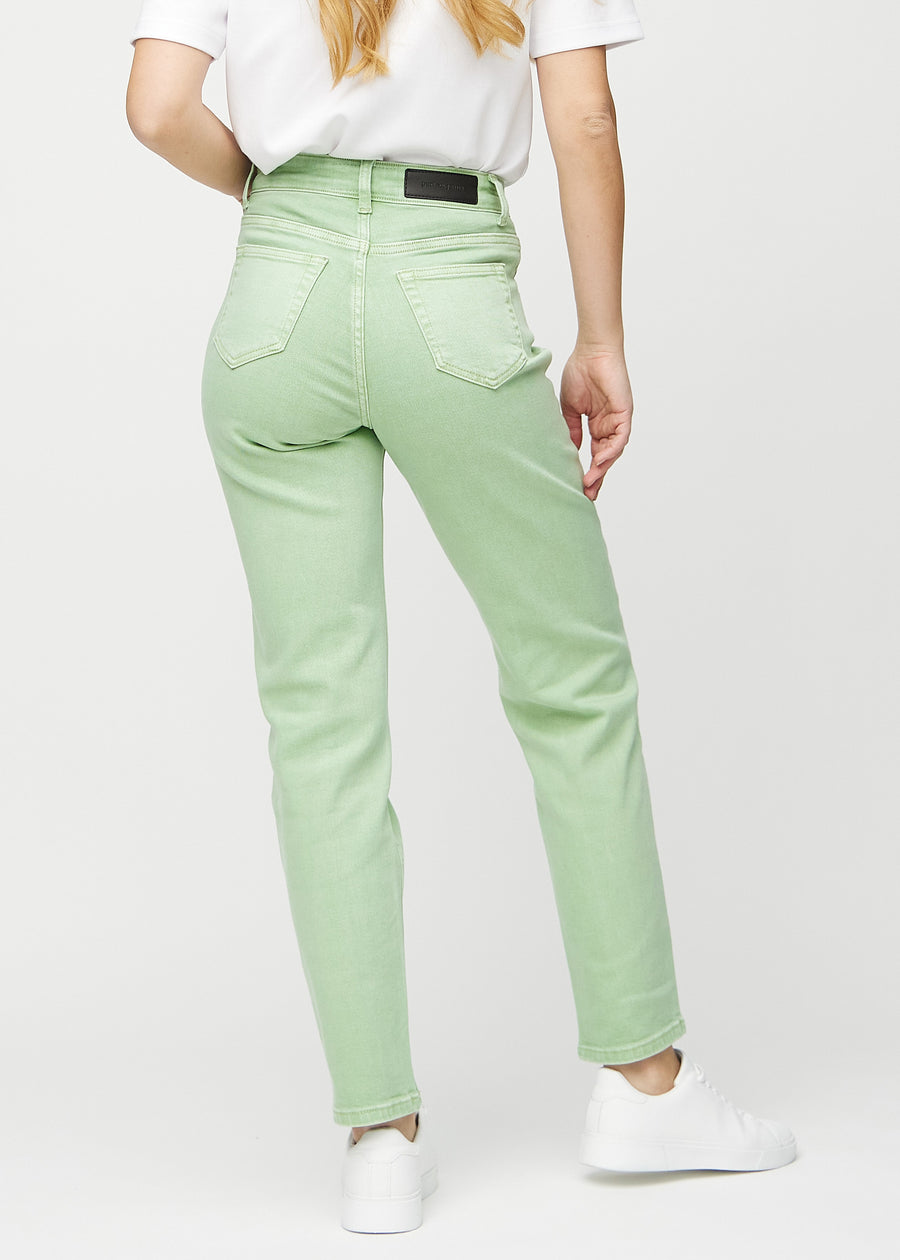 Regular jeans for women in light green, color Mints. Back view on a model, showing the full fit.