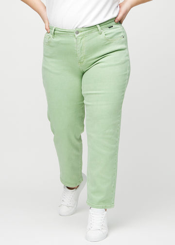 Regular jeans for women in light green, color Mints. Front view on a plus-size model, showing the classic straight-leg fit.