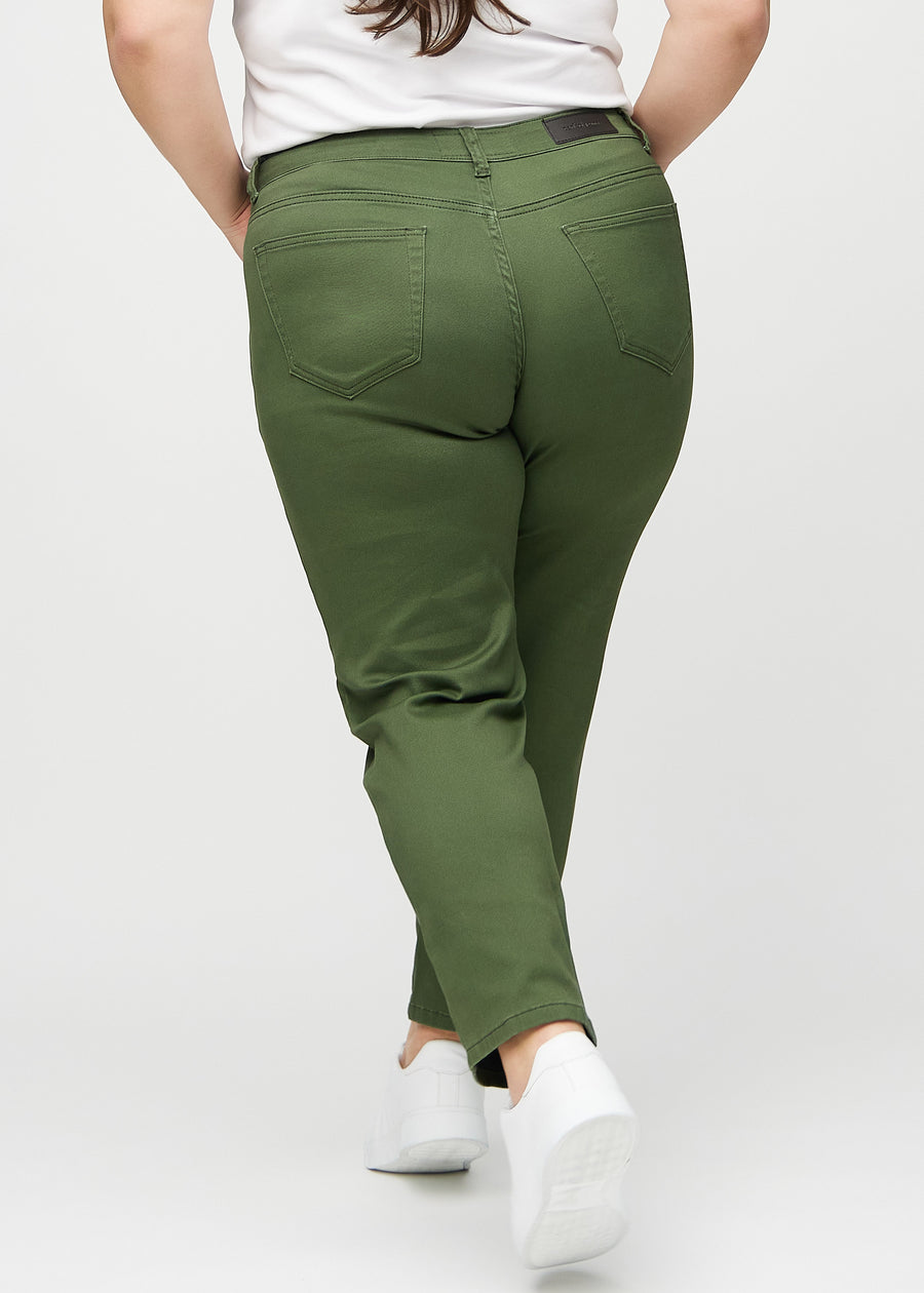 Regular jeans for women in dark green, color Renewals. Back view on a plus-size model, showing the full fit.