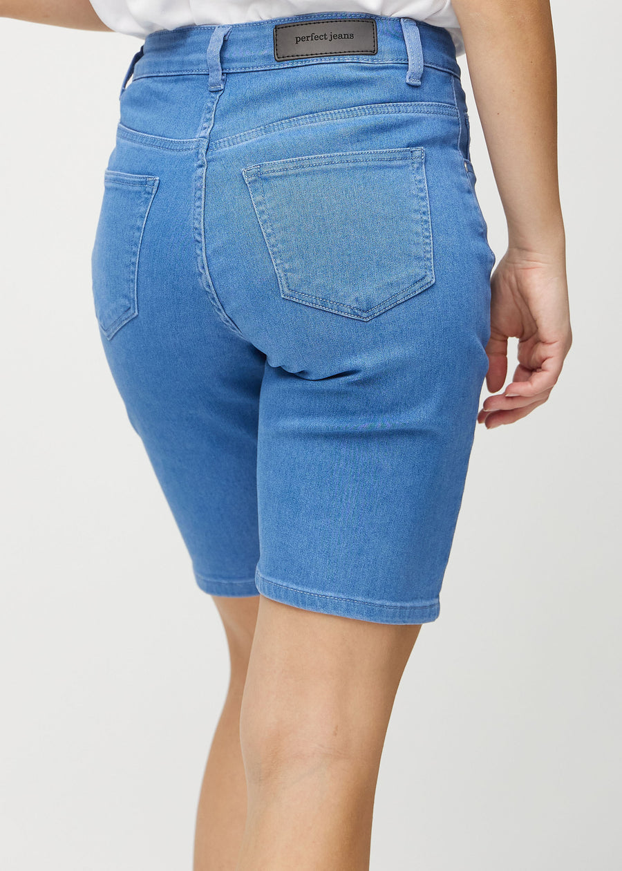 Blue regular middle shorts seen from the back up close to show details.