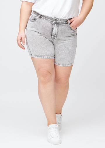 Light grey denim skinny short shorts, model name Ashes, which fit tightly and end mid-thigh on a plus-size model, seen from the front.