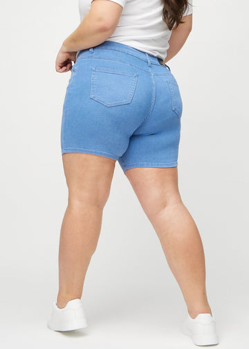 Blue skinny short shorts seen from the back on a plus-size model, so the full product is visible.