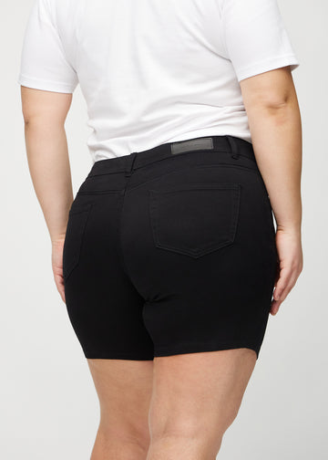 Black skinny short shorts seen from the back close up on a plus-size model to show details.