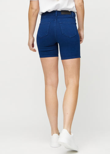 Dark blue skinny short shorts seen from the back, so the entire product can be seen.