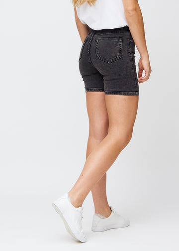 Dark grey denim skinny short shorts seen from the back, so the entire product can be seen.