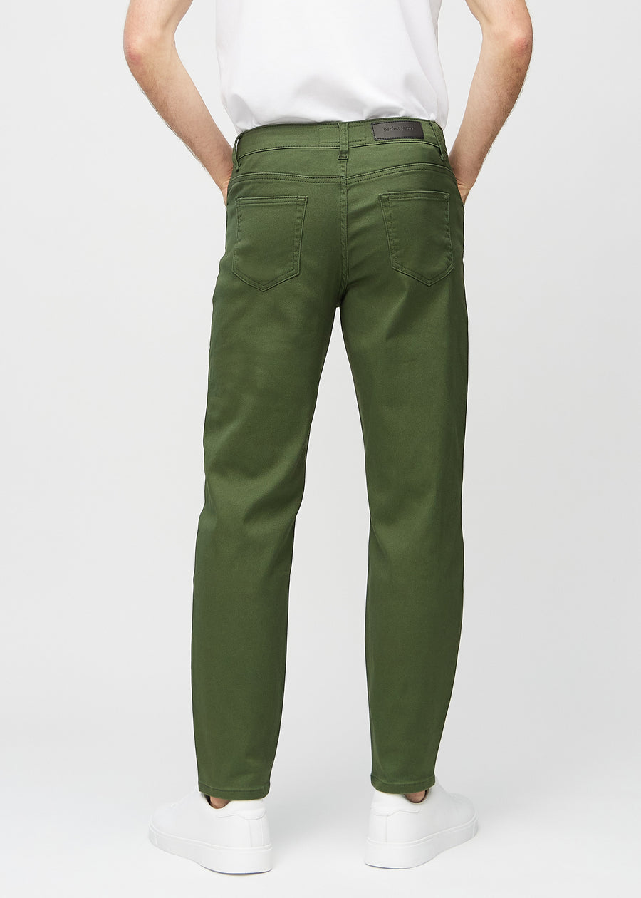Dark green regular jeans seen from the back, so the entire product can be seen.