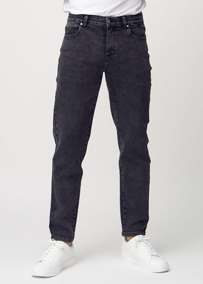 Dark grey denim regular jeans, model name Shadows, with a straight leg, viewed from the front.